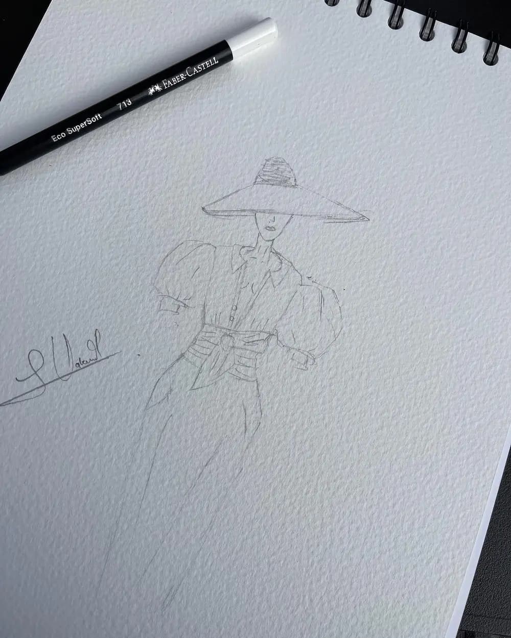 Boceto a lápiz de un conjunto con sombrero de ala ancha y mangas globo